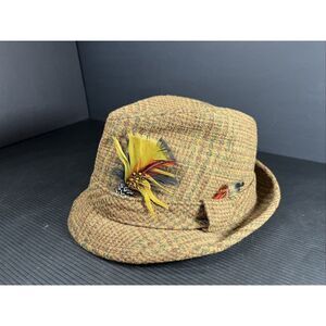 Stetson Plaid Wool Fedora Hat Sz 7 1/8 With Feathers Brown Green